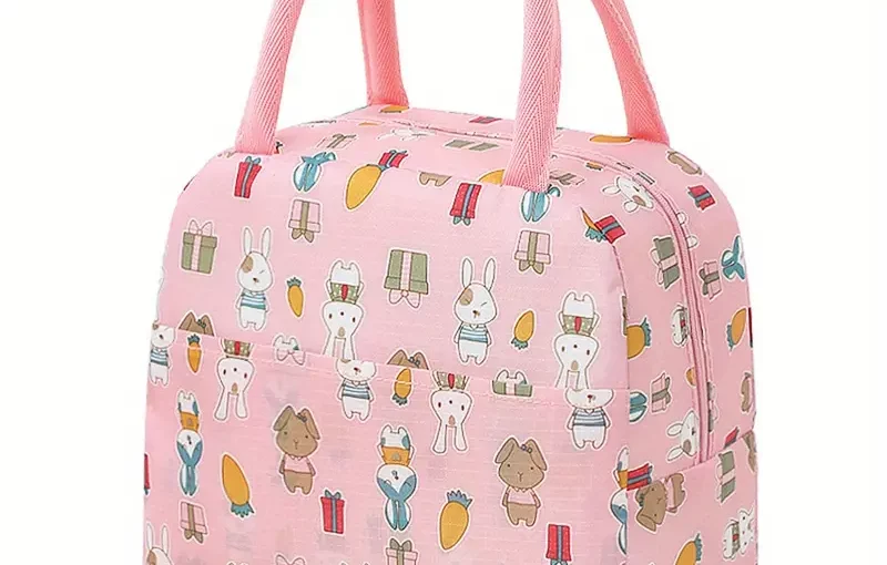 1pc Flamingo Printed Insulated Lunch Bag, Reusable Thickened Aluminum Foil Lunch Box Pink Bunny